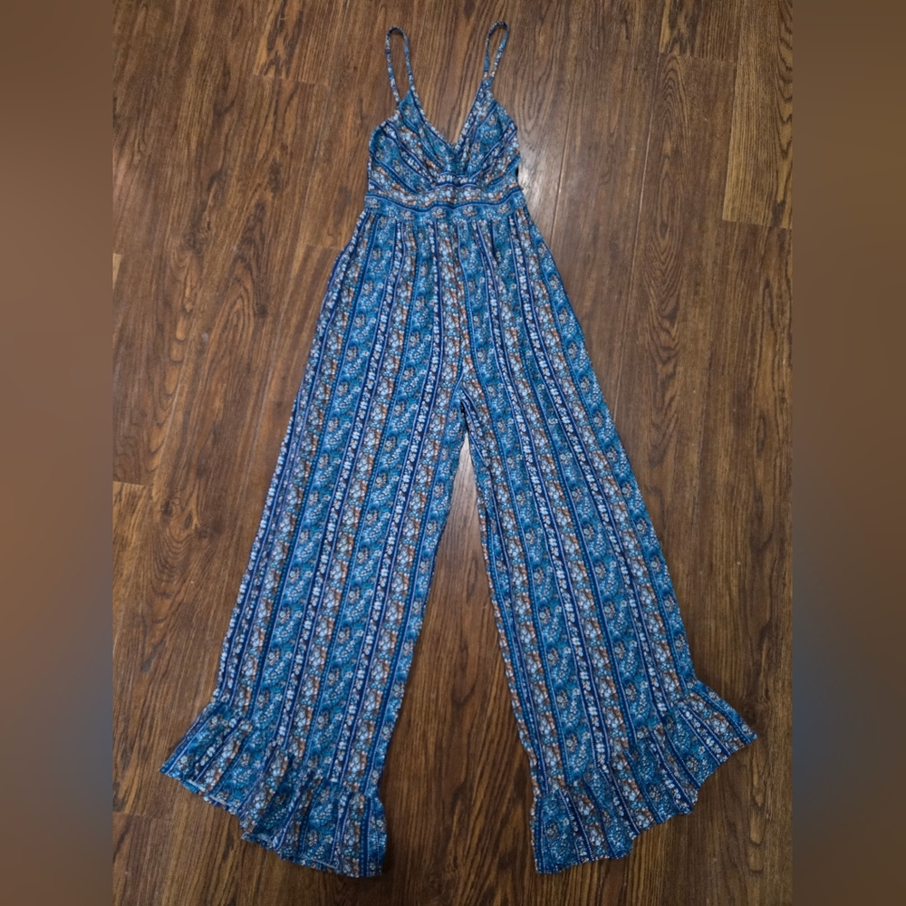 Jessica Simpson Turquoise/Blue Floral Beach Wide-Leg Boho Jumpsuit XS
